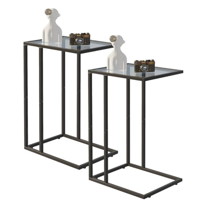 Easy Paws C Shaped End Table Set of 2, Tempered Glass Snack Side Table with Metal Frame, Sofa Couch Side Table, Modern Style, Black