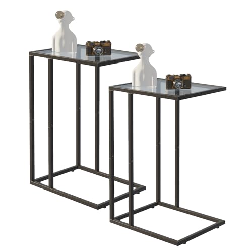 Easy Paws C Shaped End Table Set of 2, Tempered Glass Snack Side Table with Metal Frame, Sofa Couch Side Table, Modern Style, Black