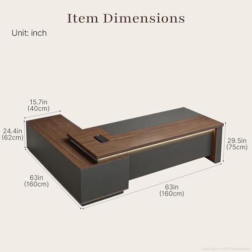63" Reversible L-Shaped Executive Desk with Locking Drawers, Compact Office Desk for Home & Manager Office, Power Outlet, USB Ports, Storage Shelves, Privacy Panel & LED Light, Walnut Gray