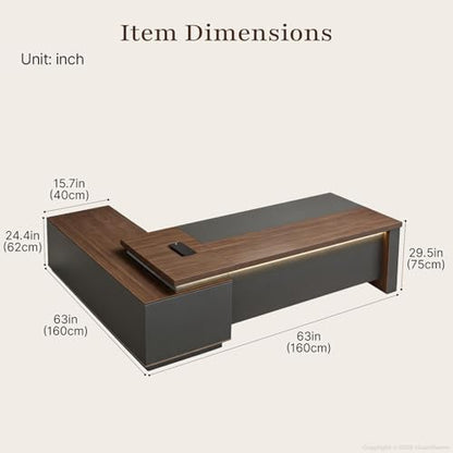 63" Reversible L-Shaped Executive Desk with Locking Drawers, Compact Office Desk for Home & Manager Office, Power Outlet, USB Ports, Storage Shelves, Privacy Panel & LED Light, Walnut Gray