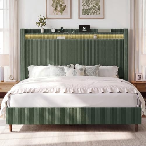 Queen Size Bed Frame with 55.3" Tall Headboard, Corduroy Upholstered,Green, view 2