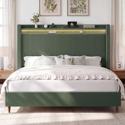 Queen Size Bed Frame with 55.3" Tall Headboard, Corduroy Upholstered,Green, view 2