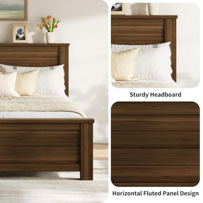Wooden Platform Full Bed Frame with Charg3 Station, Thick Headboard, Brown, view 5