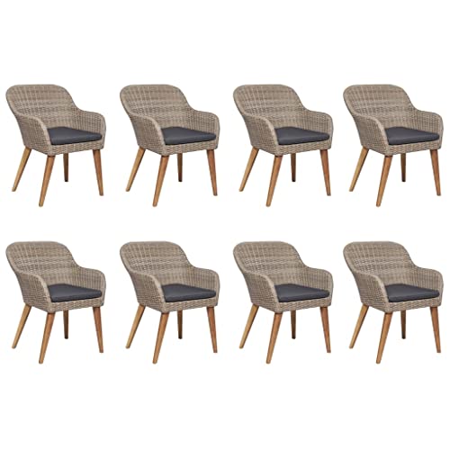 9 Piece Poly Rattan Garden Dining Set with 1 Rectangular Table and 8 Cushioned Chairs, Brown PE Wicker Patio Furniture Set for Outdoor Dinning Backyard and Porch
