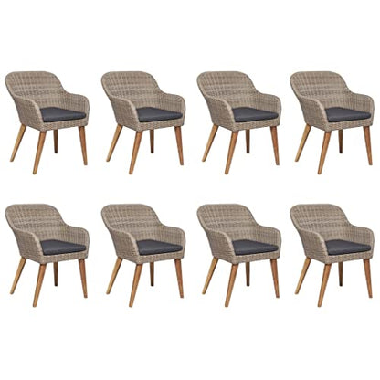 9 Piece Poly Rattan Garden Dining Set with 1 Rectangular Table and 8 Cushioned Chairs, Brown PE Wicker Patio Furniture Set for Outdoor Dinning Backyard and Porch