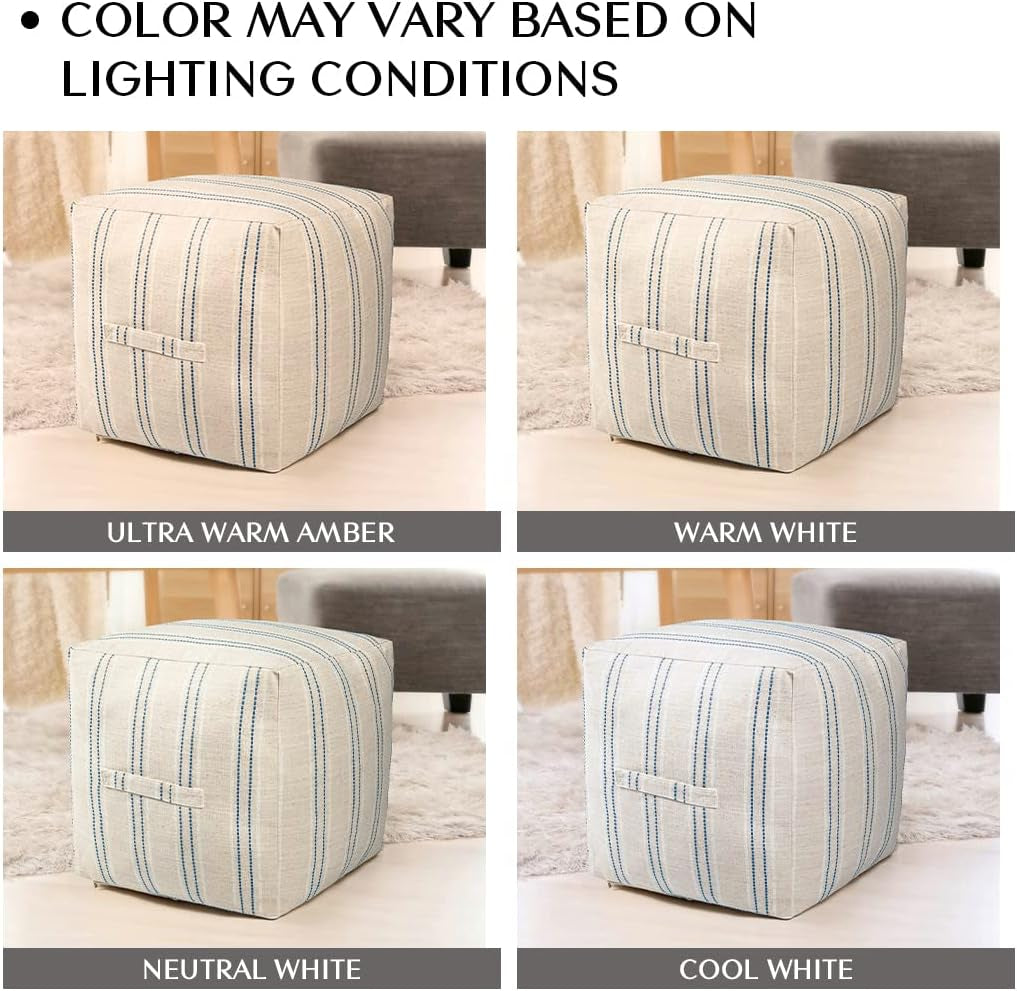 Unstuffed Farmhouse Pouf Cover for Living Room, Boho Storage Bean Bag Cubes, Beige with Navy Blue Stitch Yarn Dyed Stripe Square Ottoman Pouf Foot Rest Footstool, 18"X18"X18", Cover ONLY