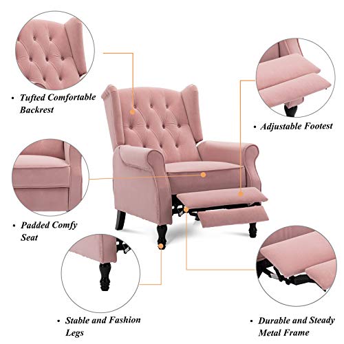 Velvet Tufted Push Back Arm Accent Chair Recliner Single Reclining for Adjustable Club Chair Home Padded Seating Living Room Lounge Modern Sofa,Pink