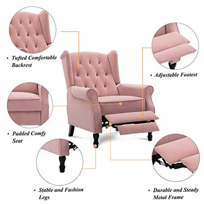 Velvet Tufted Push Back Arm Accent Chair Recliner Single Reclining for Adjustable Club Chair Home Padded Seating Living Room Lounge Modern Sofa,Pink