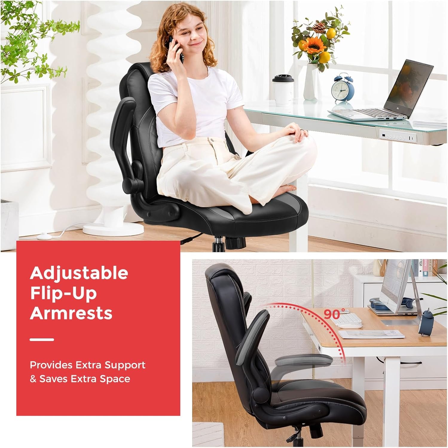 Office Computer Gaming Chair Ergonomic Desk Chair for Adults with Lumbar Support Flip-Up Arms Adjustable Height Swivel Wheels PU Leather Executive Design for Short People Use, Gray