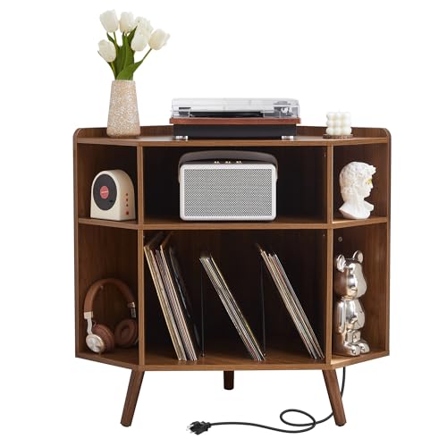 Corner Record Player Stand with Charging Station & USB Ports, view 2