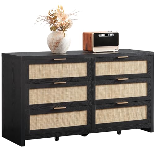 Rattan Dresser for Bedroom, 57" Wide 6 Drawer Dresser with Ample Storage, Wooden Dressers Large Chest of Drawers, Closet, Boho TV Stand for Bedroom (Black Oak, 1 Piece)