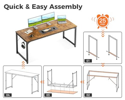 63 Inch Computer Desk for Home Office, Study Writing Table for Small Spaces, Simple Modern Desk with Headphone Hooks, Rustic Brown