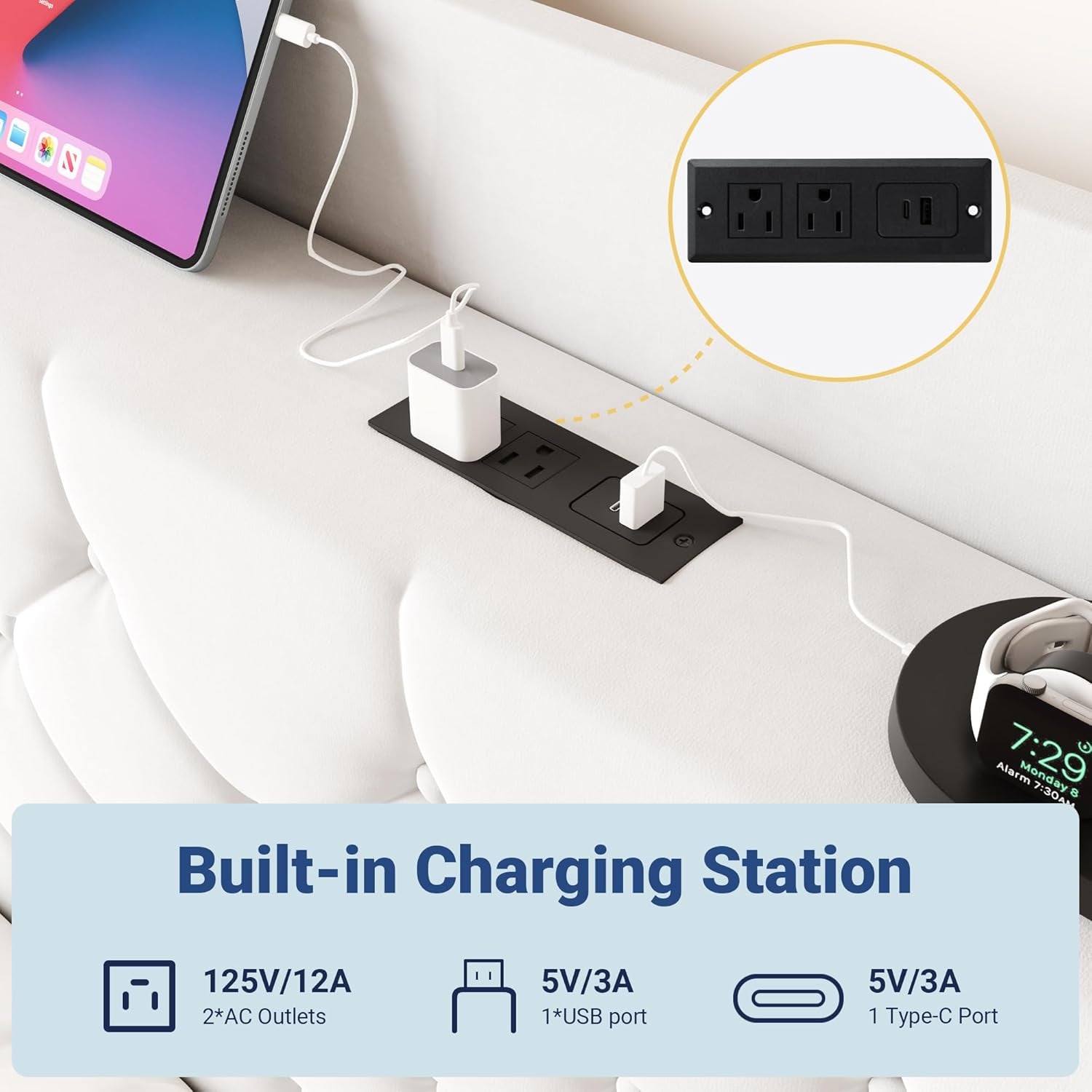 Queen Size Bed Frame, Storage Headboard with Charging Station, Wingback Velvet Upholstered, Diamond Stitched Button Tufted, Sturdy Wooden Slats, No Box Spring Needed, Easy Assembly, White