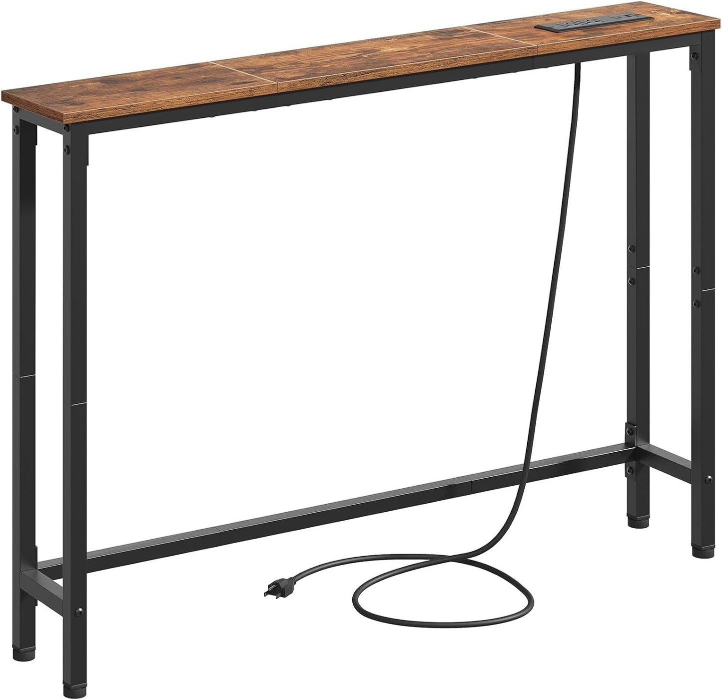 39.4 Inch Narrow Console Table with Power Outlets, 5.9 Inch Skinny Sofa Table behind Couch, Small Entryway Table, Metal Frame, for Living Room, Hallway, Rustic Brown and Black BF52UXG01