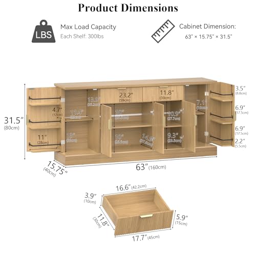 63" Fluted Large Sideboard Buffet Cabinet with 2 Drawers, view 4