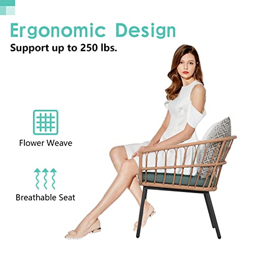 3 Piece Patio Furniture Outdoor Conversation Bistro Set with Tempered Coffee Table and Wicker Chairs for Garden Balcony Backyard Yard Poolside, Green (QX-MA-WF-001)