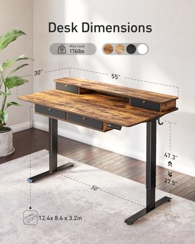 55" x 30" Standing Electric Desk with Drawers, Rustic Brown, view 4