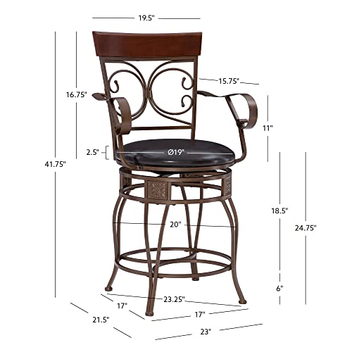 Powell Dayne Big and Tall 24 Seat Height Counterstool with Arms in Dark Bronze Metal with Dark Brown Faux Leather Padded Seat with 360 Swivel