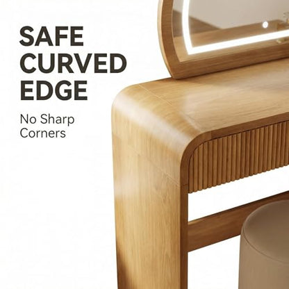 Makeup Vanity Desk with LED Mirror, Drawer and Curved Edges Natural, view 4