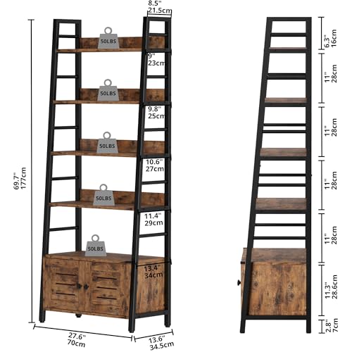 4 Tier Ladder Bookcase with Louvered Doors Rustic Brown | Bookshelf; Ladder Shelf;bottom cabinet; anti tip kit; for Bedroom Living Room Home Office