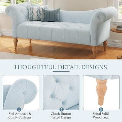 Ucal Velvet Upholstered End of Bed Ottoman, Wooden Living Room Ottoman Bench with Curved Arms, Long Entryway Bench with Button Tufting, Long Seating for Bedroom, Light Blue