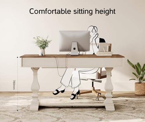 60-inch Vintage Farmhouse Desk with Charging Station &3 Deep Drawers, view 6
