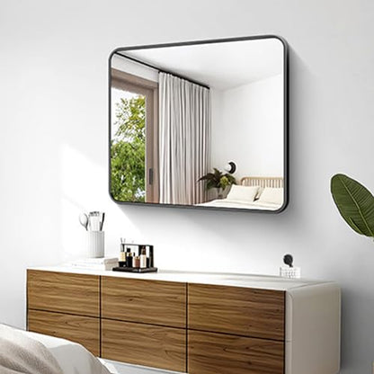 30x36 Inch Rectangle Bathroom Mirror with Black Metal Frame,Modern Design of Wall Mounted Upgraded Shatterproof Glass, Rounded Corners for Bedroom, Living Room, Entryway