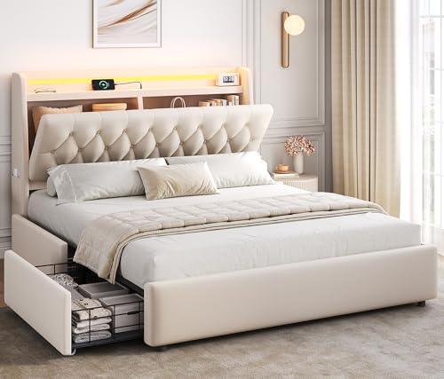 Full LED Velvet Bed Frame with 2 Storage Drawers&Hidden Headboard, view 2