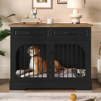 43.3" Farmhouse Dog Crate Furniture with Rotating Bowls & Drawers – Wooden, view 3