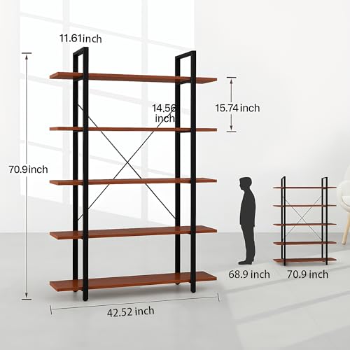 Wood and Metal Minimalist 5 Tier Bookshelf, 6 feet Tall Open Rustic Wide Bookcase Industrial Style, Modern Wooden Big Book Shelf for Home Living Room Bedroom Office Storage, Rustic Brown