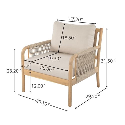Casper Acacia Wood Lounge Chair Outdoor with Removable Cushion, Wooden Patio Accent Chair with Woven Rope Details, Outdoor Armchair for Patio Furniture Set, Light Teak+Beige