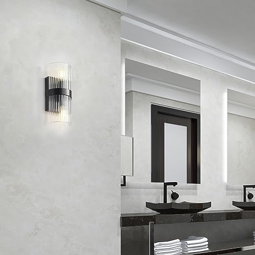 65000050 2-Light Wall Sconce, Matte Black, Ribbed Glass Shade, E12 Base Sockets, Lights for Living Room, Home Decor, Lighting, Mounted Bedside Lamp