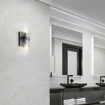 65000050 2-Light Wall Sconce, Matte Black, Ribbed Glass Shade, E12 Base Sockets, Lights for Living Room, Home Decor, Lighting, Mounted Bedside Lamp