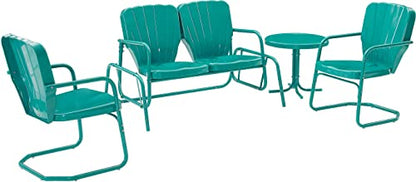 Ridgeland 4-Piece Retro Metal Outdoor Loveseat Glider Patio Furniture Set for Porch, Deck, Turquoise Gloss