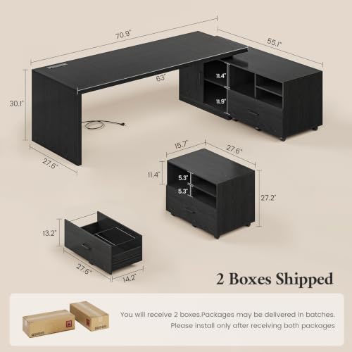 70.9" L Shaped Executive Desk with Power Outlets, view 3