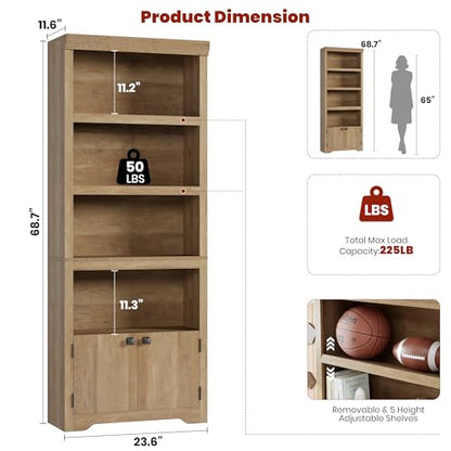 5 Tier Bookshelf, 69'' Tall Farmhouse Bookcase with 2 Doors & Adjustable Shelves, view 3
