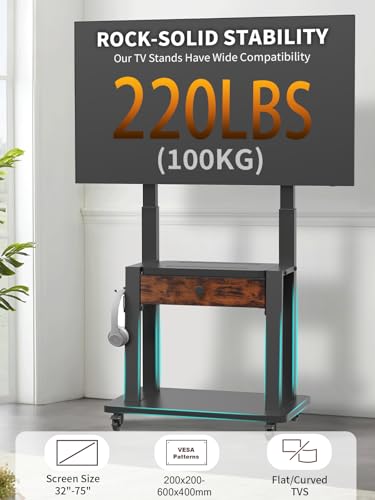 Rolling TV Stand with Fabric Drawer for 32-75 Inch Flat/Curved Screen Adjustable Height LCD/LED/OLED with Storage Mobile TV Cart on Wheels up to 220lbs for Home Office Outdoor Max VESA 600x400mm Black