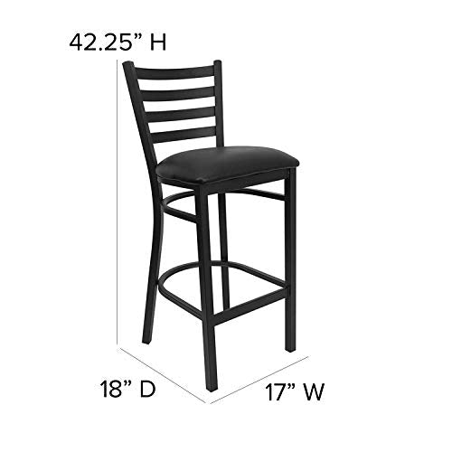 Hercules Series Ladder Back Metal Restaurant Barstool, Modern Upholstered Armless Bar Height Chair for Restaurants and Kitchens, Black