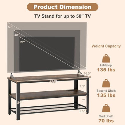 Small TV Stand for TVs up to 50 Inch, 3-Tier TV Console Table with Power Outlets, USB Ports, Storage Shelves, Industrial Media Entertainment Center for Living Room (Rustic Brown, 43.5”L)