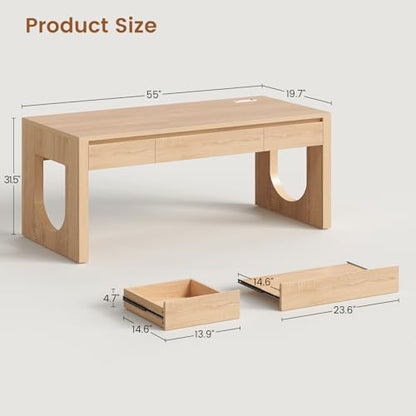 Modern Office Desk with 3 Drawers, 55" Executive Desk with U-Shaped Legs, Wood Computer Desk with Power Outlet, Home Office Desks with Relief Texture, Natrual