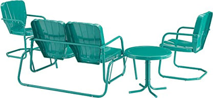Ridgeland 4-Piece Retro Metal Outdoor Loveseat Glider Patio Furniture Set for Porch, Deck, Turquoise Gloss