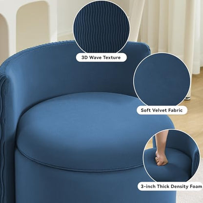 360° Swivel Velvet Vanity Chair with Storage, Barrel Makeup Chair with Wave Back, No Assembly Upholstered Vanity Small Accent Chairs for Living Room, Blue