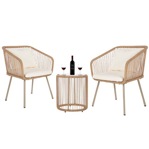 3-Piece Outdoor Furniture Modern Patio Bistro Set Rattan Conversation Set Wicker Patio Furniture Set with 2 Chairs Coffee Table Cushions Lumbar Pillows for Patio Outdoor Backyard Porch, White