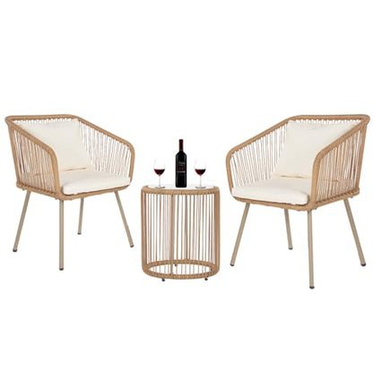 3-Piece Outdoor Furniture Modern Patio Bistro Set Rattan Conversation Set Wicker Patio Furniture Set with 2 Chairs Coffee Table Cushions Lumbar Pillows for Patio Outdoor Backyard Porch, White