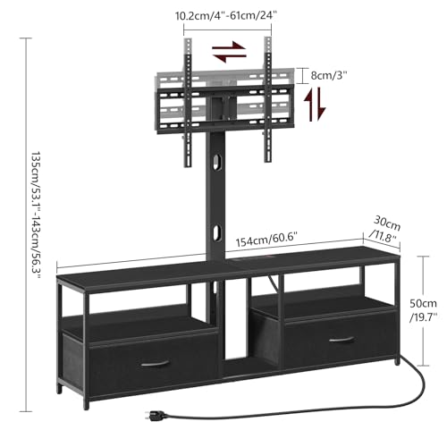 TV Stand with Mount for up to 75", Entertainment Center with Switch-Controlled Charging Station, Swivel TV Stand Mount with Fabric Drawers, for Living Room, Black TVBK154E01N2