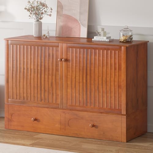 Cabinet Murphy Bed, Queen Size Murphy Chest Bed w USB Charging Station, Wall Cabinet Cube Beds with Storage Drawer, Modern Wooden Beds for Apartment Bedroom - No Mattress, Cherry