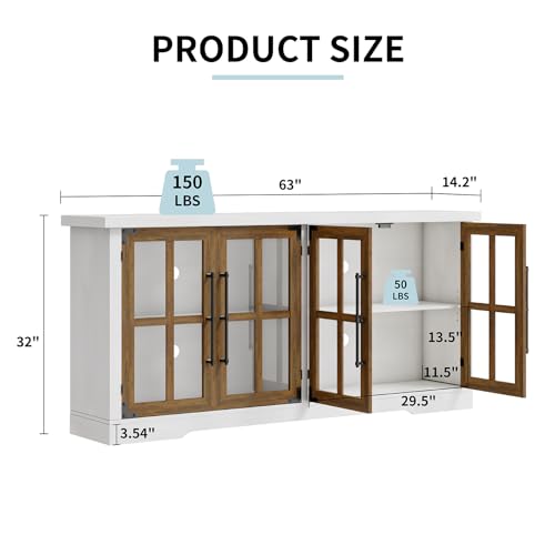 63" Farmhouse TV Stand with 4 Glass Doors, Modern Buffet Sideboard Cabinet with Storage, Entertainment Center with Adjustable Shelf for TV's up to 75", White/Barnwood