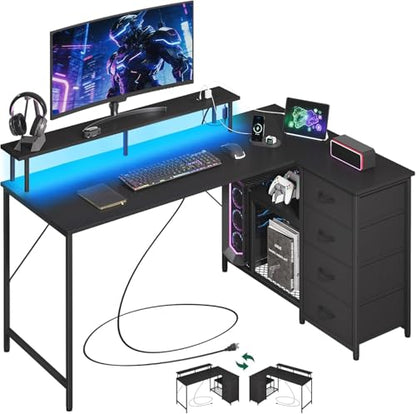 L Shaped Desk with 4 Drawers,61" Reversible Home Office Desks with Power Outlets,L Shaped Gaming Desk with USB Charging Port,Corner Desk with Storage Shelves,Easy to Assemble,Black