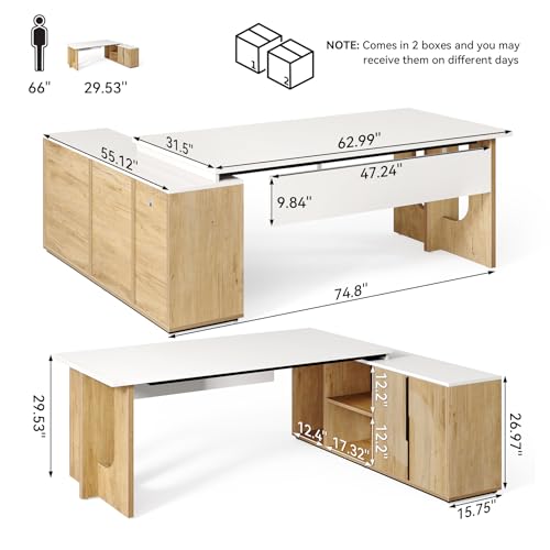 74-Inch Executive L-Shaped Desk with Storage Cabinet & Shelves, view 4