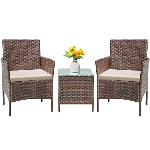 Patio Furniture Set 3 Pieces All-Weather Rattan Outdoor Furniture Patio Chairs with Tempered Glass Table for Porch Bistro Balcony (Brown/Cream)